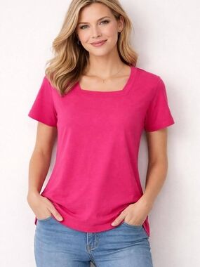 Kim Rogers Hot Pink Square Neck Short Sleeve Tee- Size XL